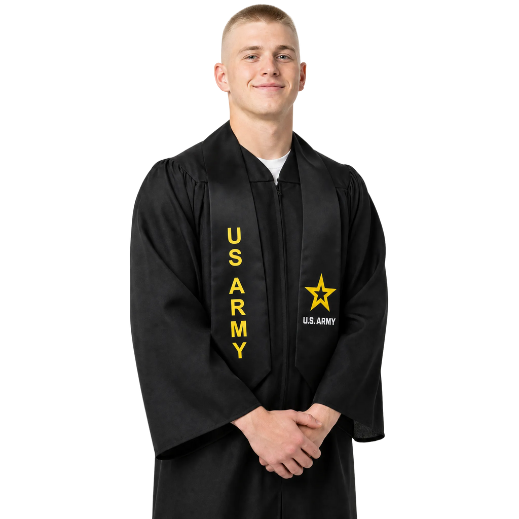 Black U.S. Army graduation stole with printed Army patch on satin for military honor recognition