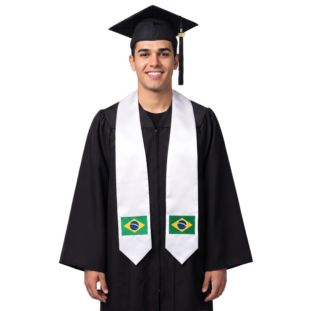 Brazil international patch graduation stole featuring a Brazil flag patch, perfect for graduation ceremonies and cultural celebrations.