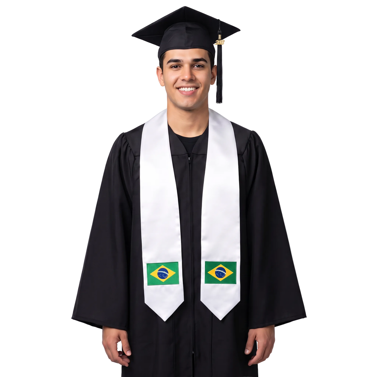 Brazil international patch graduation stole featuring a Brazil flag patch, perfect for graduation ceremonies and cultural celebrations.
