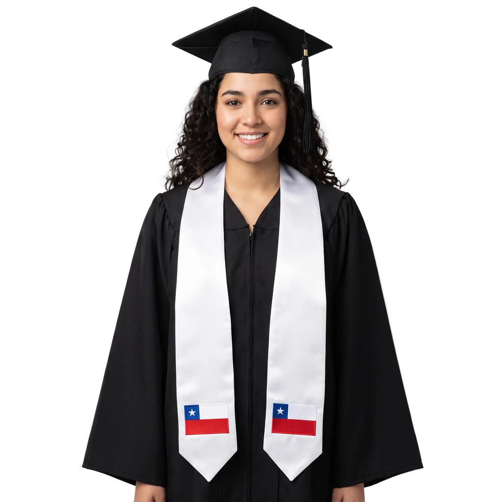 Chile international graduation stole featuring a Chilean flag patch, perfect for graduation ceremonies and cultural celebrations.⠋