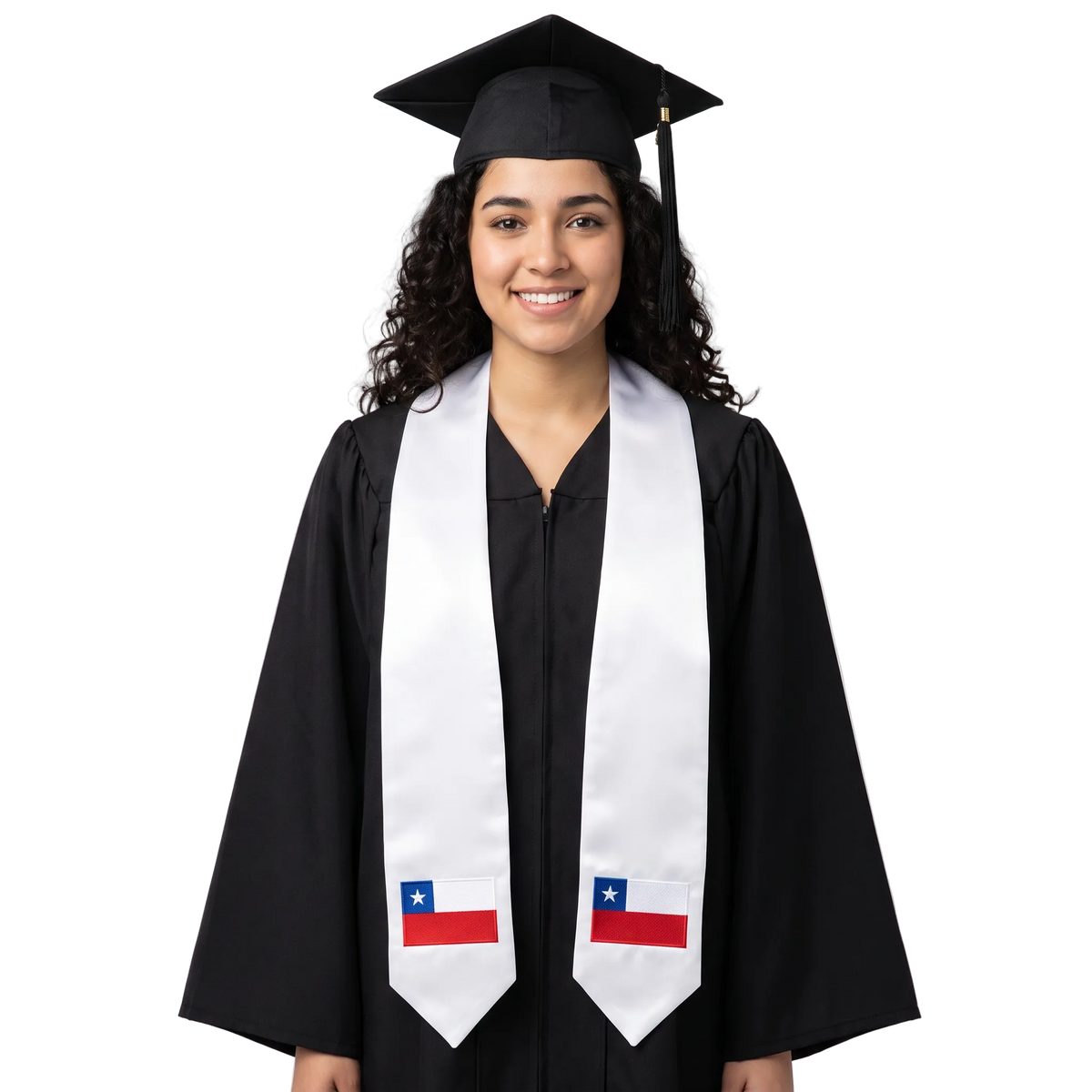 Chile international graduation stole featuring a Chilean flag patch, perfect for graduation ceremonies and cultural celebrations.⠋
