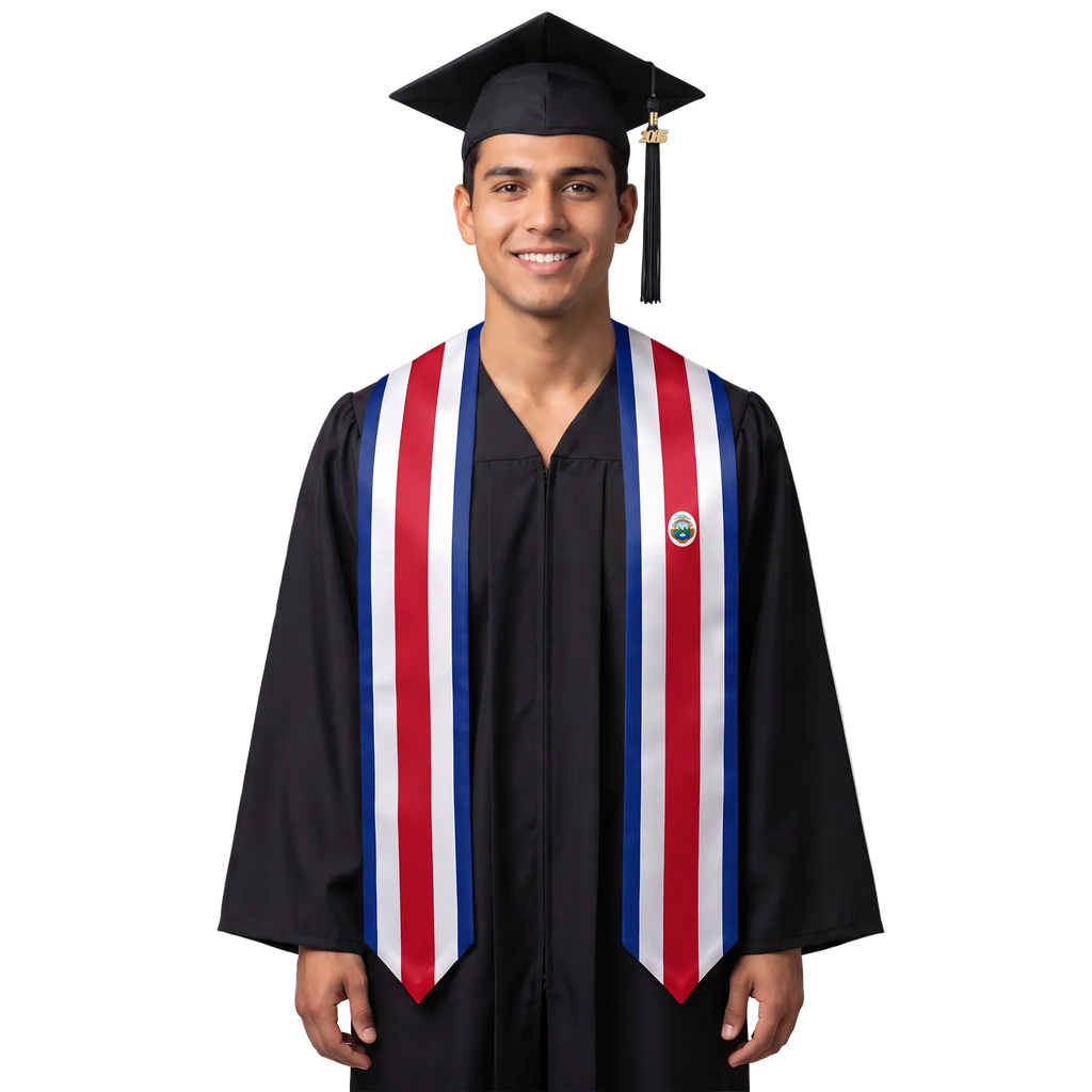 Costa Rica international patch graduation stole featuring a Costa Rican flag patch, perfect for graduation ceremonies and cultural celebrations.