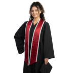 Crimson slanted graduation stole with white trim and angled ends, shown flat against a white background.