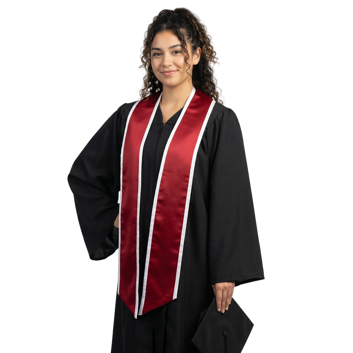 Crimson slanted graduation stole with white trim and angled ends, shown flat against a white background.