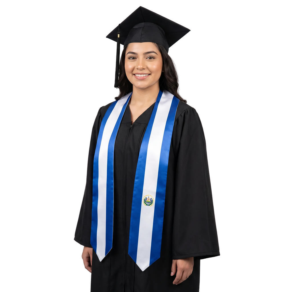 El Salvador international patch graduation stole featuring an El Salvador flag patch, perfect for graduation ceremonies and cultural celebrations.