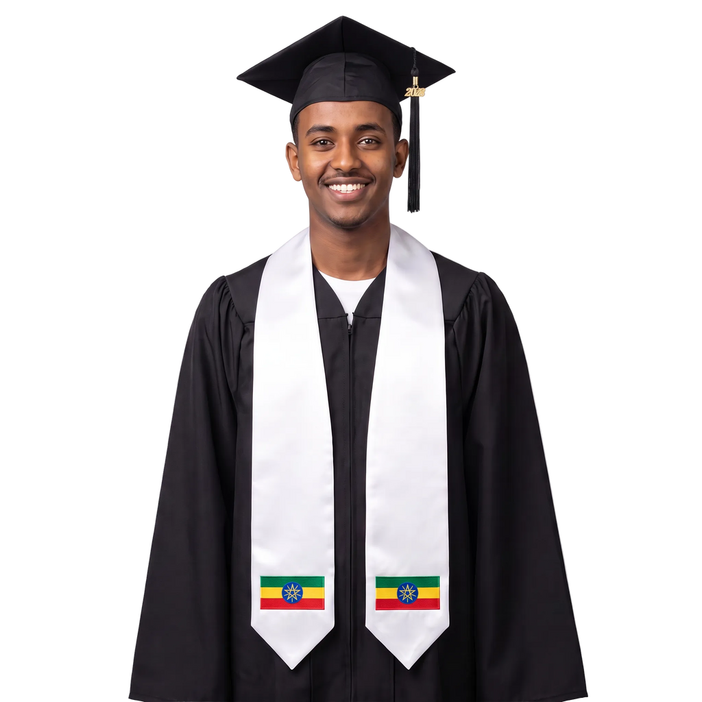 Ethiopia international graduation stole featuring an Ethiopian flag patch, perfect for graduation ceremonies and cultural celebrations.