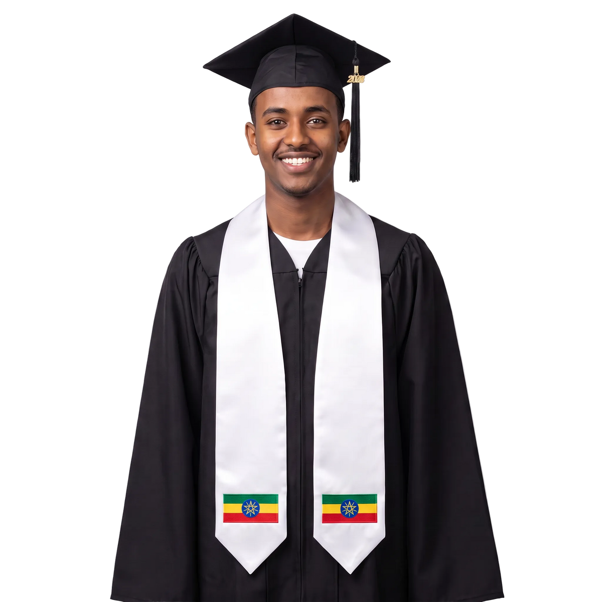 Ethiopia international graduation stole featuring an Ethiopian flag patch, perfect for graduation ceremonies and cultural celebrations.