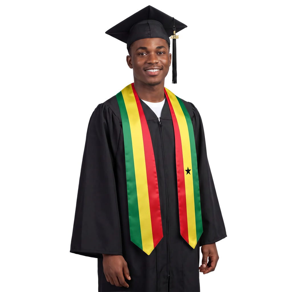 Ghana graduation stole featuring a Ghanaian flag sash, perfect for graduation ceremonies and cultural celebrations.