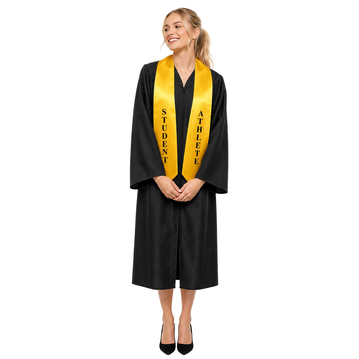 Graduate wearing a gold student athlete graduation stole with embroidered “Student Athlete” lettering.