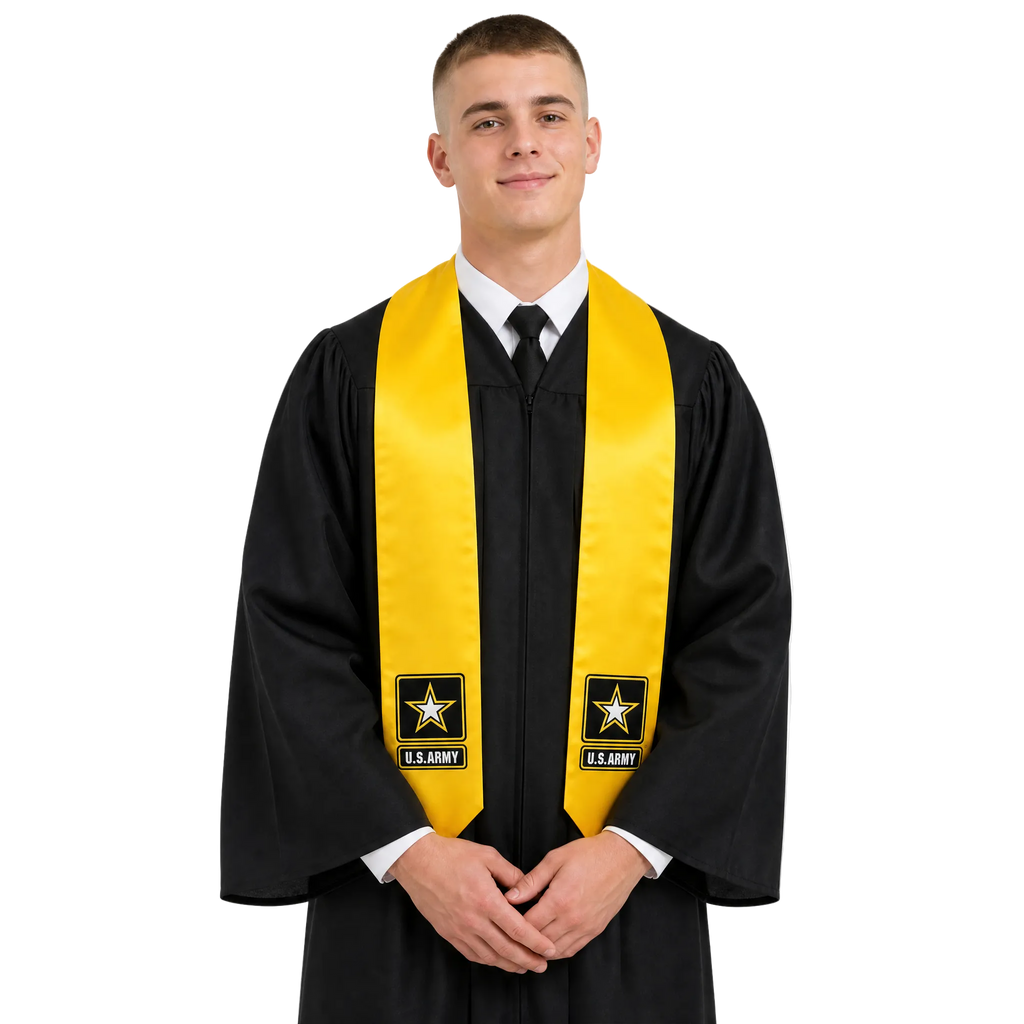Gold U.S. Army graduation stole with embroidered Army patch on satin for military honor recognition