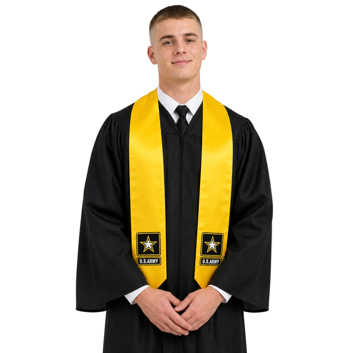 Gold U.S. Army graduation stole with embroidered Army patch on satin for military honor recognition