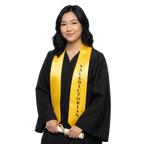 Gold Valedictorian graduation stole with black imprint worn over black graduation gown – gold satin valedictorian stole for ceremony