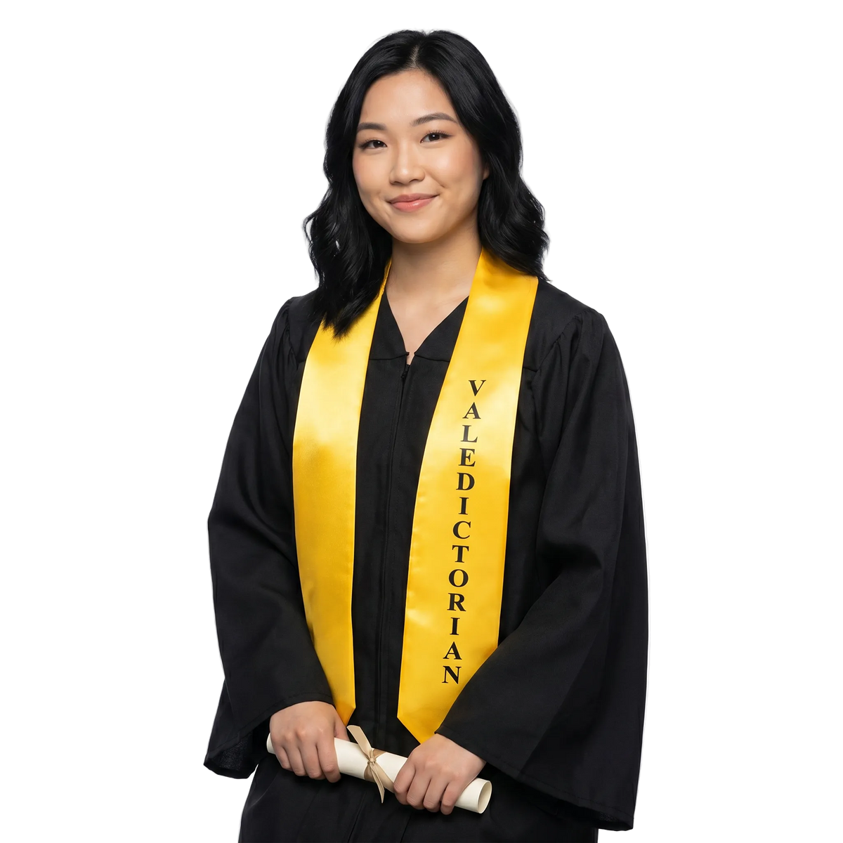 Gold Valedictorian graduation stole with black imprint worn over black graduation gown – gold satin valedictorian stole for ceremony