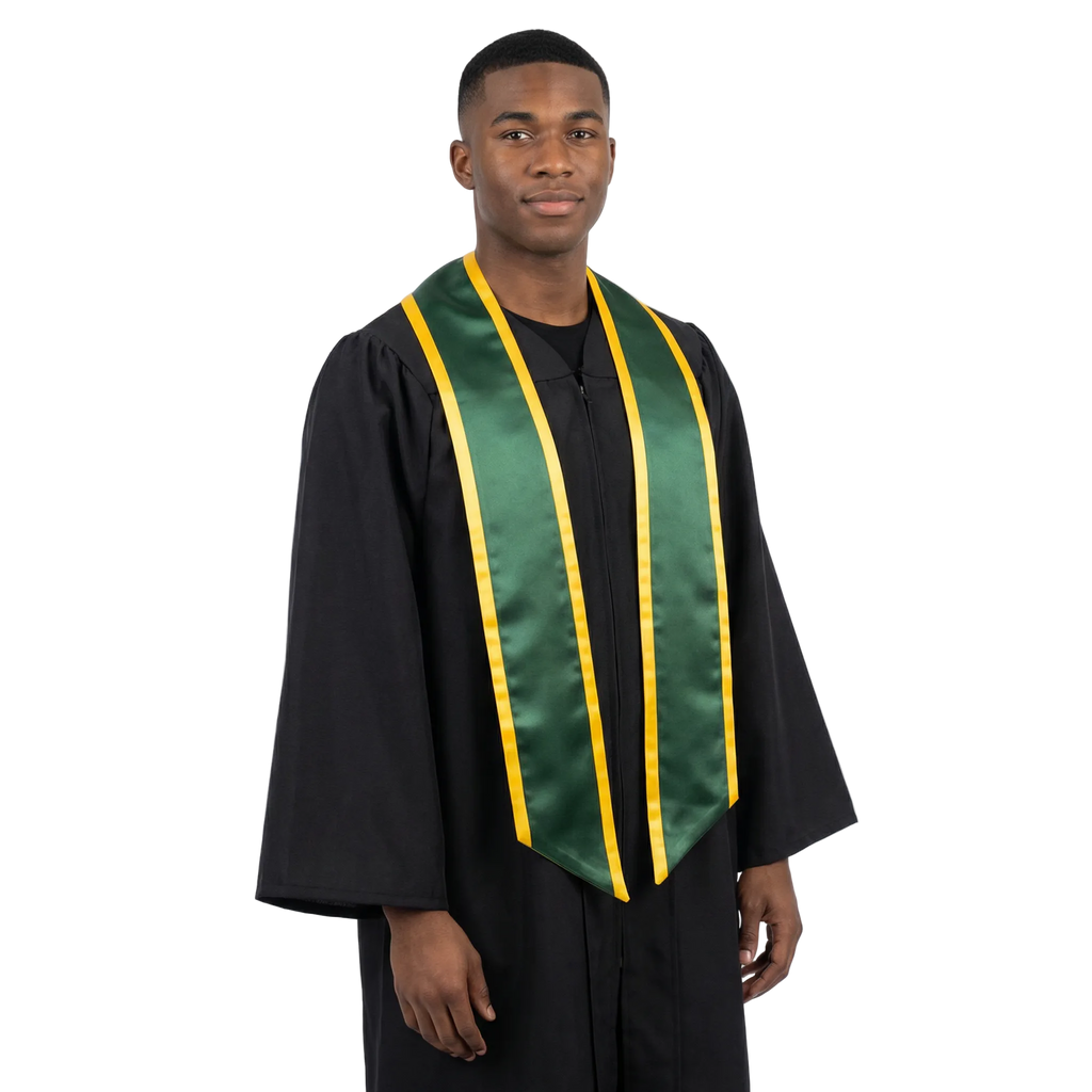 Hunter green slanted graduation stole with gold trim and angled ends, shown flat against a white background.