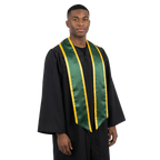 Hunter green slanted graduation stole with gold trim and angled ends, shown flat against a white background.
