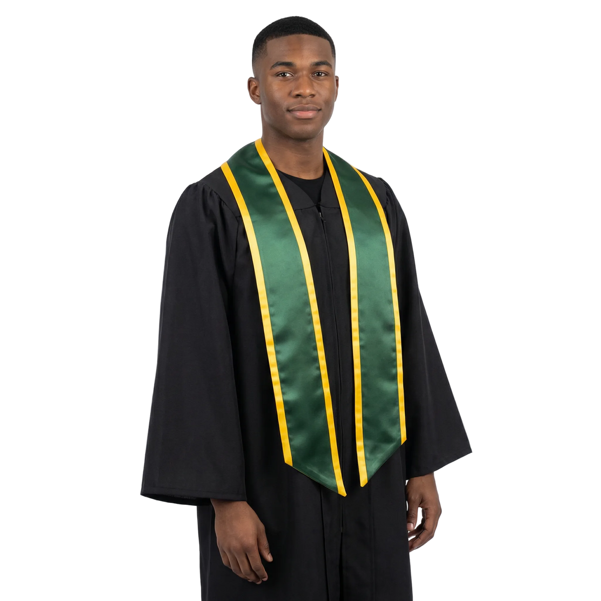 Hunter green slanted graduation stole with gold trim and angled ends, shown flat against a white background.