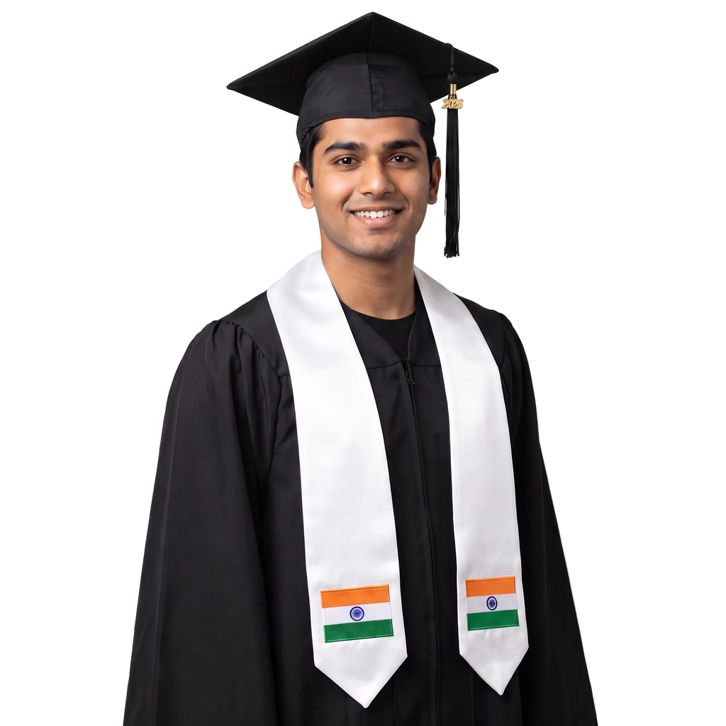 India international graduation stole featuring an Indian flag patch, perfect for graduation ceremonies and cultural celebrations.