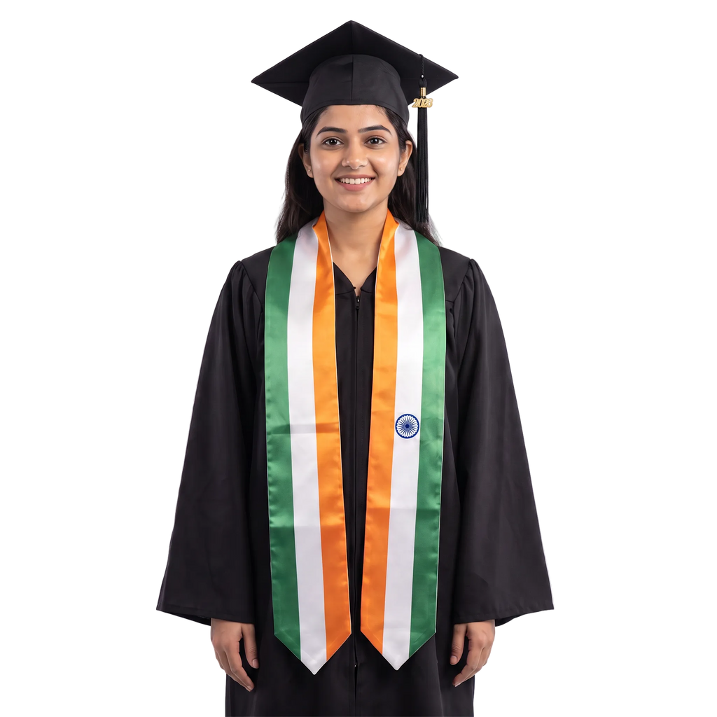 India graduation stole featuring the Indian flag, perfect for graduation ceremonies and cultural celebrations.