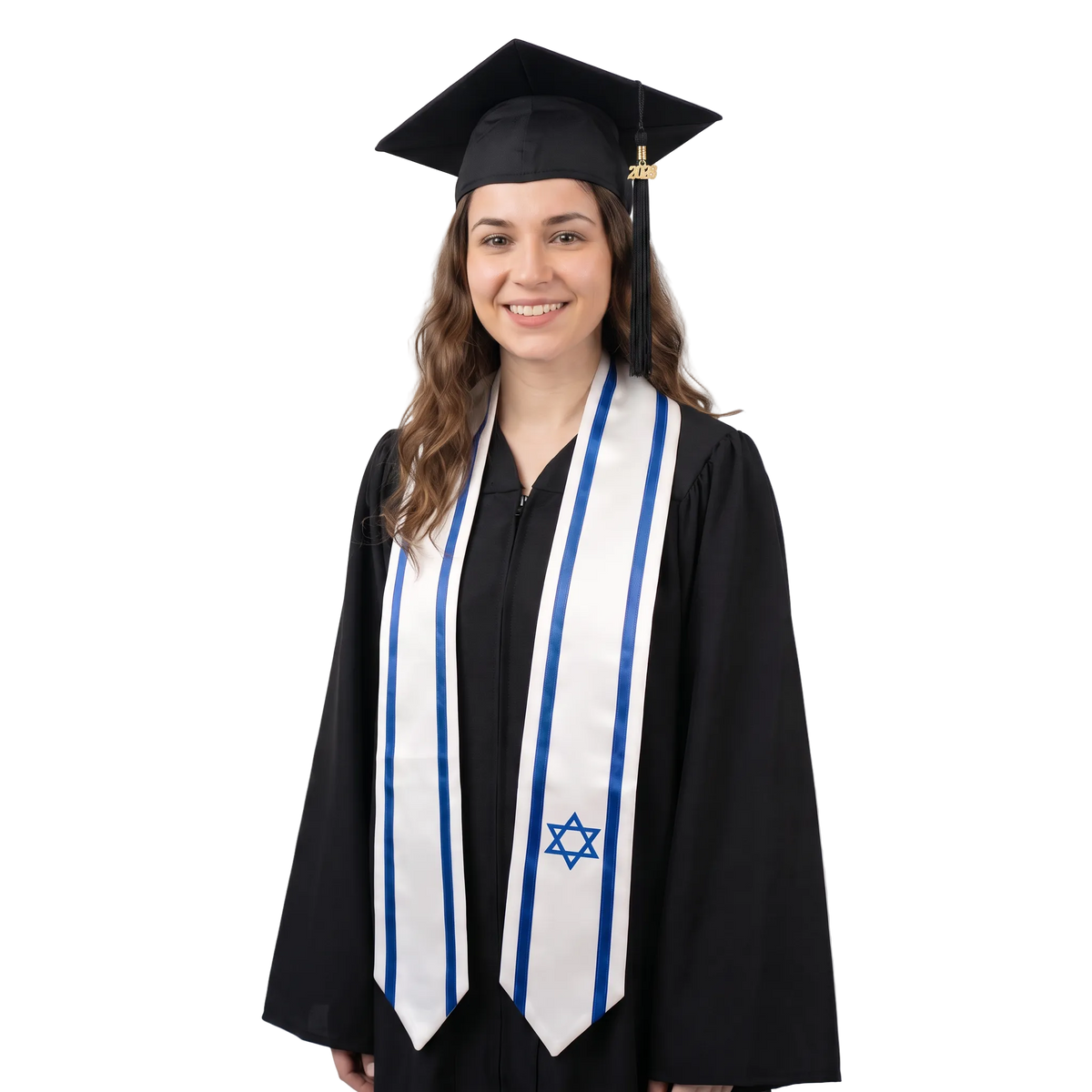 Israel graduation stole featuring an Israeli flag sash, perfect for graduation ceremonies and cultural celebrations.⠋