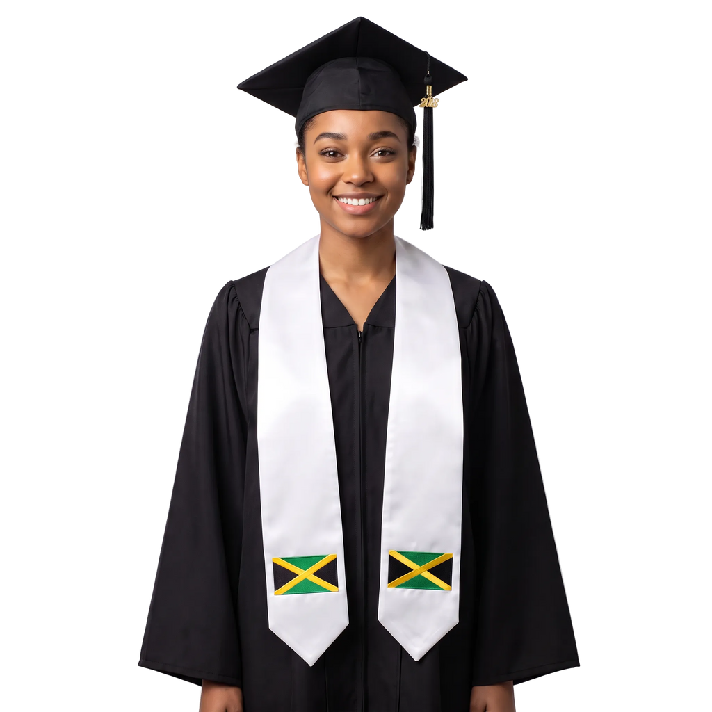 Jamaica international graduation stole featuring a Jamaican flag patch, perfect for graduation ceremonies and cultural celebrations.⠋