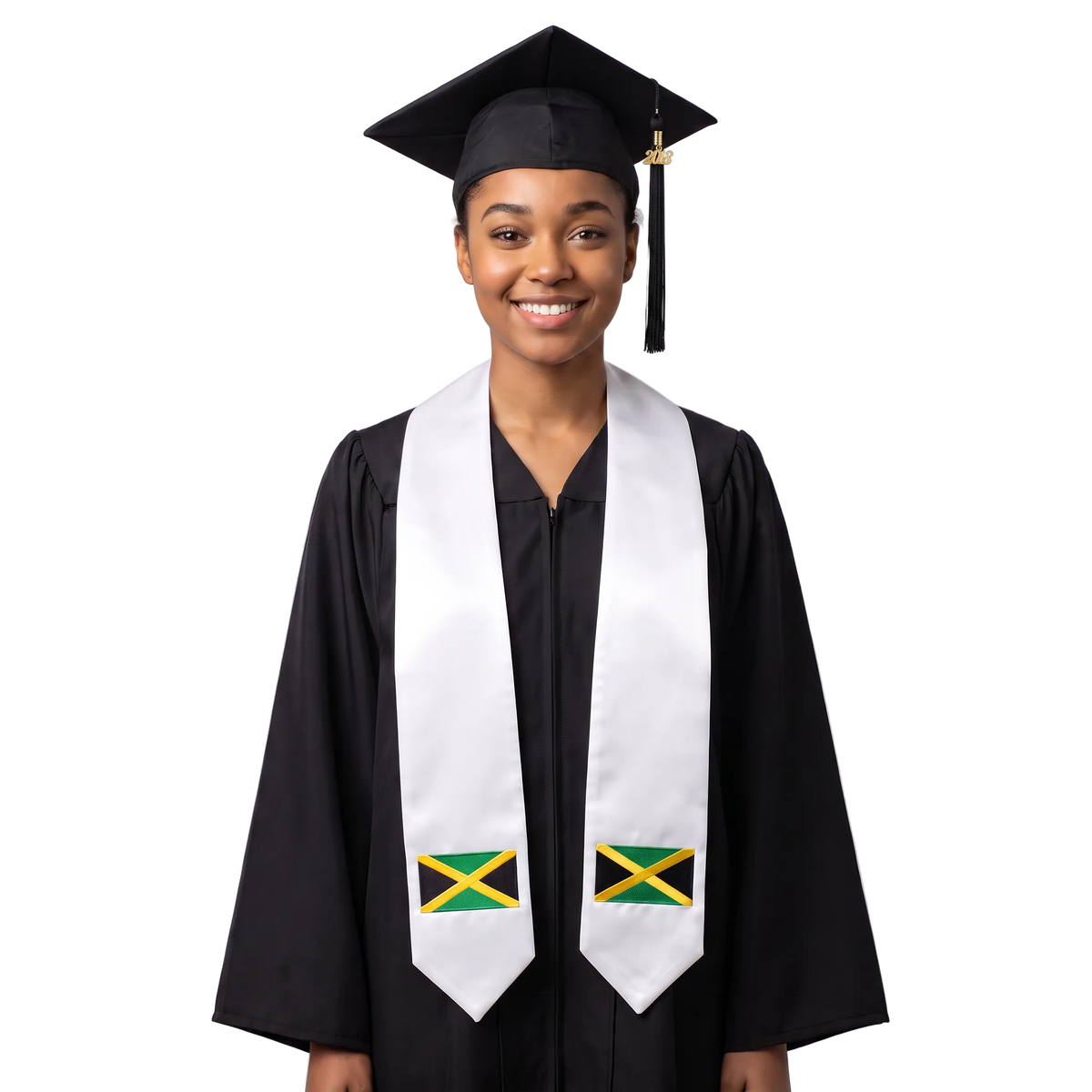 Jamaica international graduation stole featuring a Jamaican flag patch, perfect for graduation ceremonies and cultural celebrations.⠋