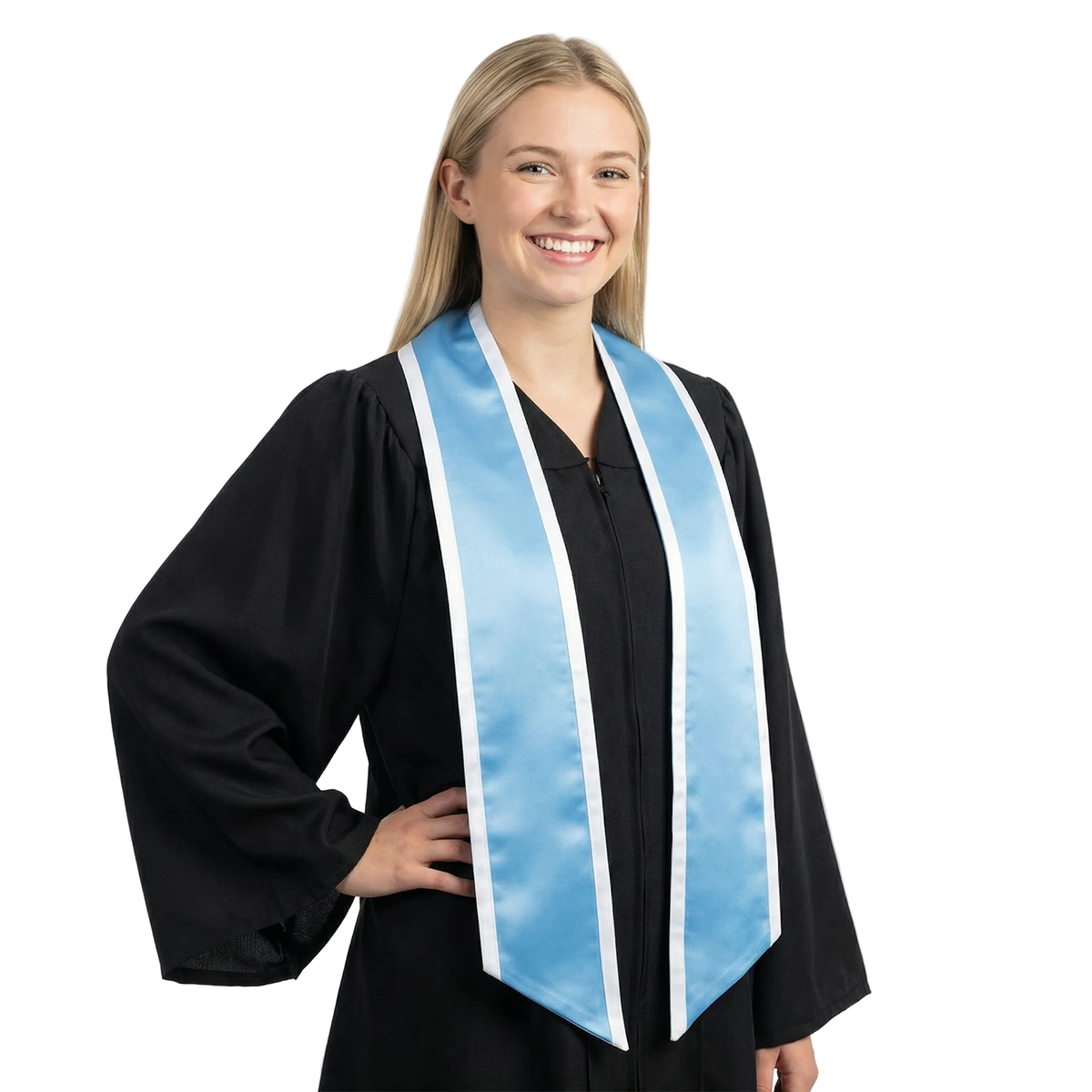 Light blue slanted graduation stole with white trim and angled ends, shown flat against a white background.