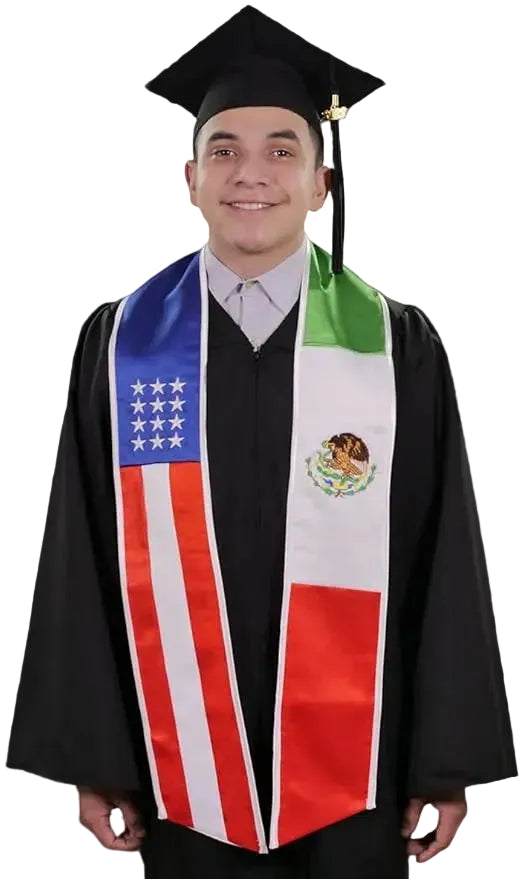 Mixed USA–Mexico graduation stole featuring USA and Mexican flag sashes, perfect for graduation ceremonies and celebrating both cultures.