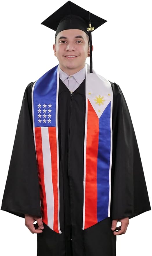 Mixed USA–Philippines graduation stole featuring USA and Philippine flag sashes, perfect for graduation ceremonies and celebrating both cultures.