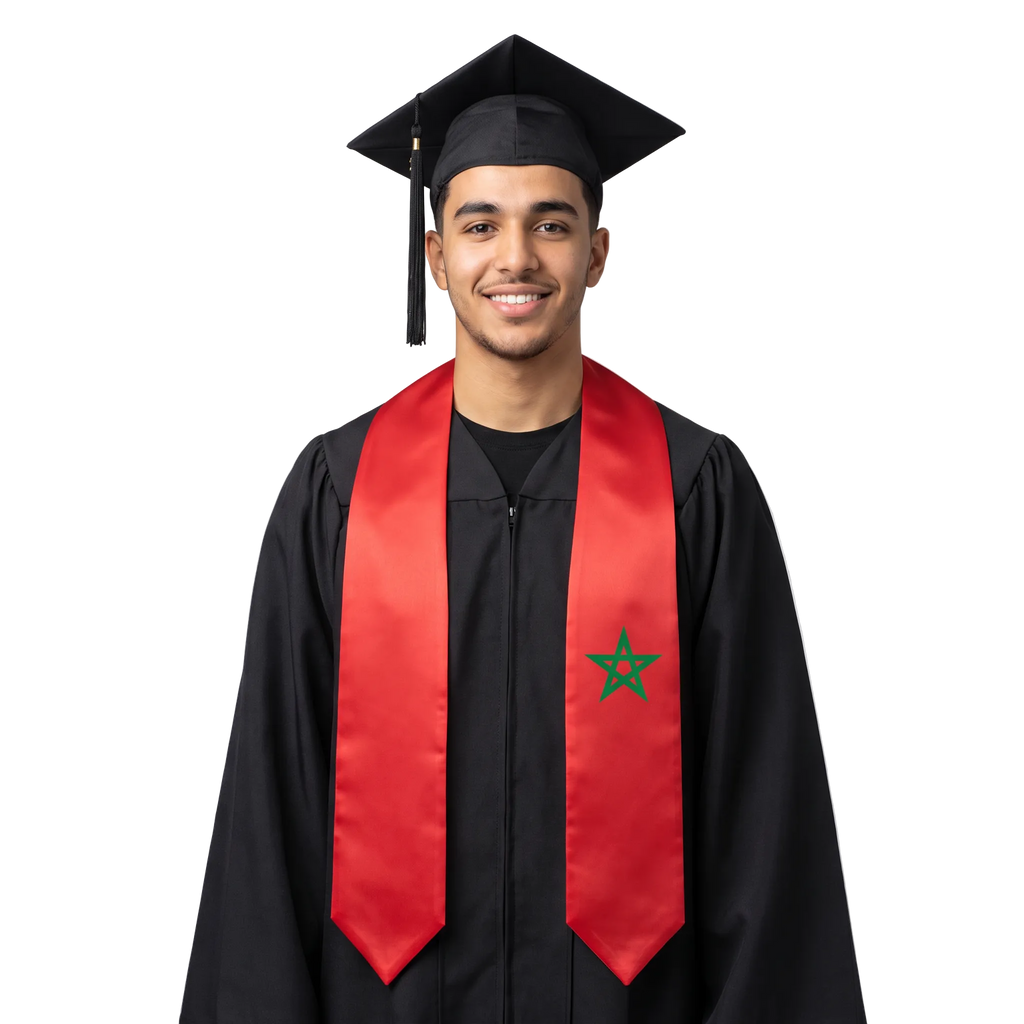Morocco graduation stole featuring the Moroccan flag, perfect for graduation ceremonies and cultural celebrations.⠋