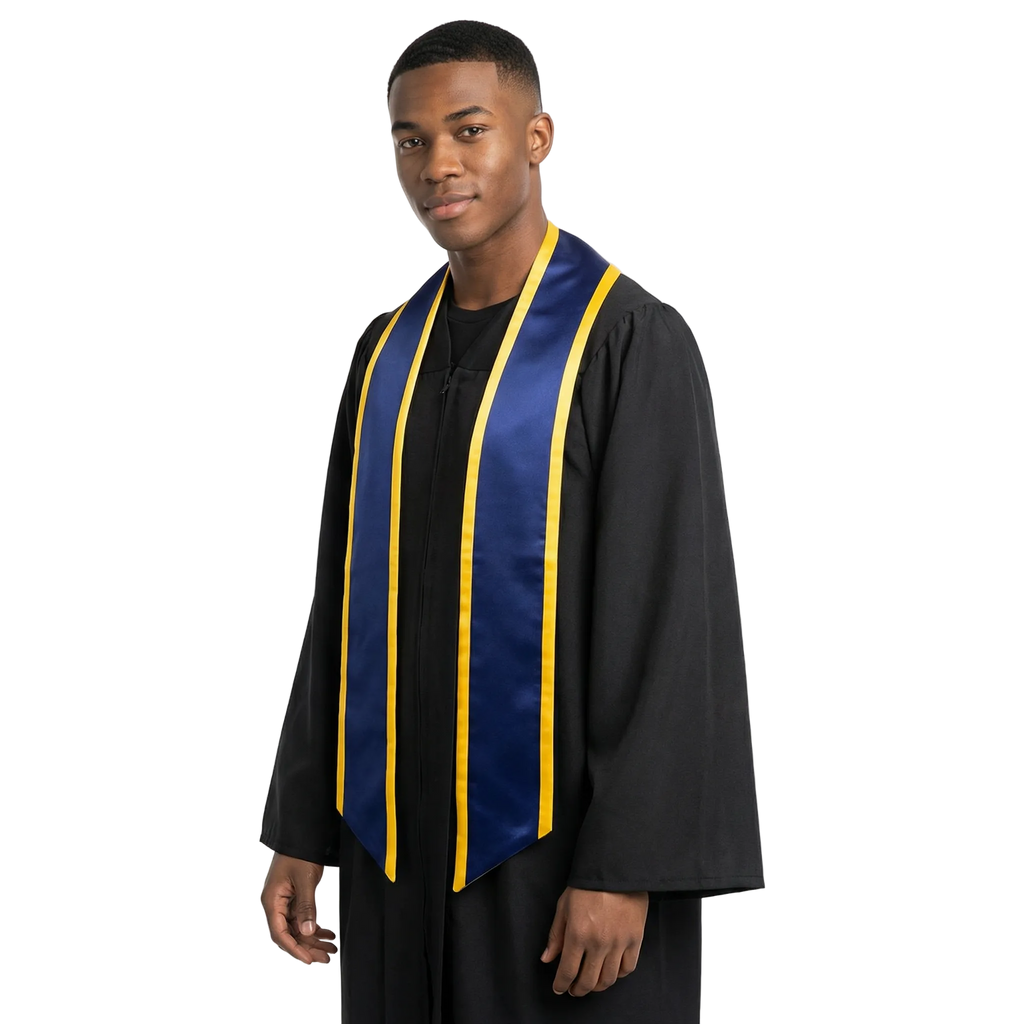 Navy blue slanted graduation stole with gold trim and angled ends, shown flat against a white background.