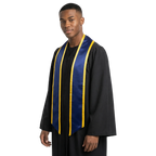 Navy blue slanted graduation stole with gold trim and angled ends, shown flat against a white background.