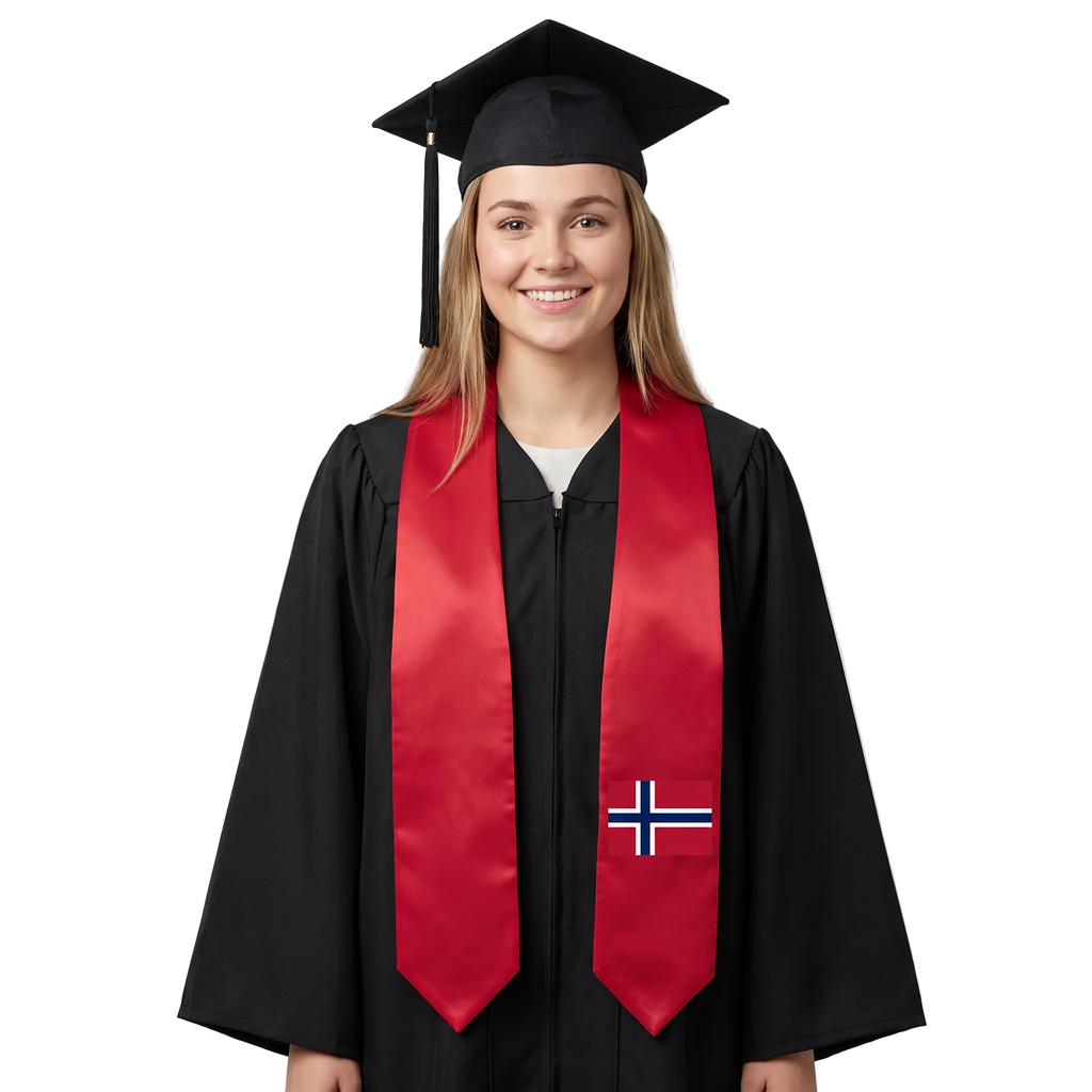 Norway graduation stole featuring a Norwegian flag sash, perfect for graduation ceremonies and cultural celebrations.⠋
