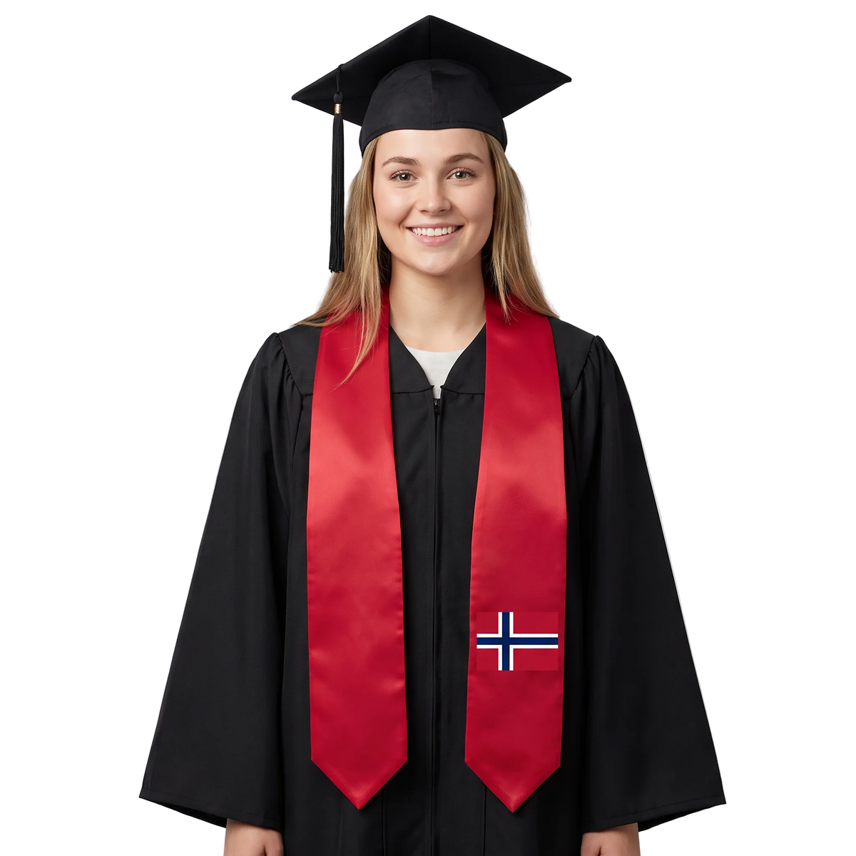 Norway graduation stole featuring a Norwegian flag sash, perfect for graduation ceremonies and cultural celebrations.⠋