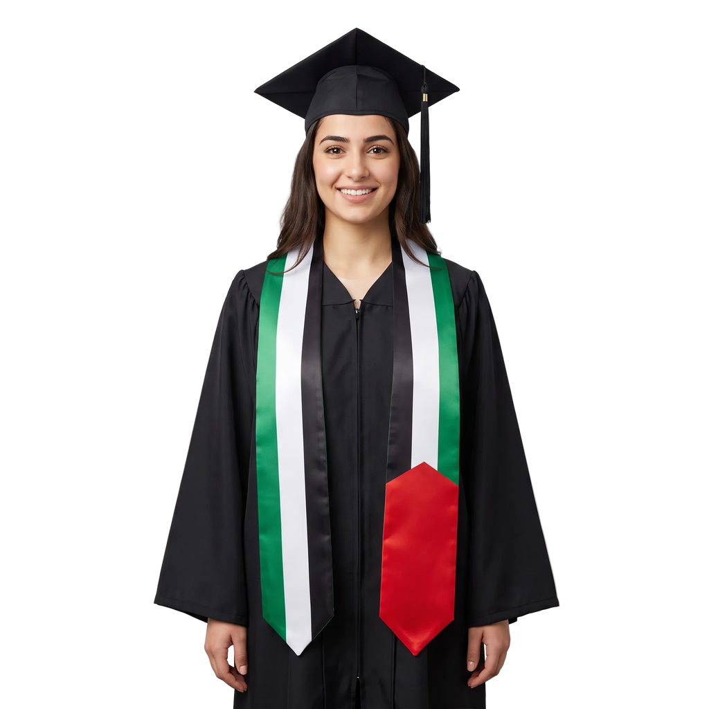 Palestine international patch graduation stole featuring a Palestinian flag patch, perfect for graduation ceremonies and cultural celebrations.