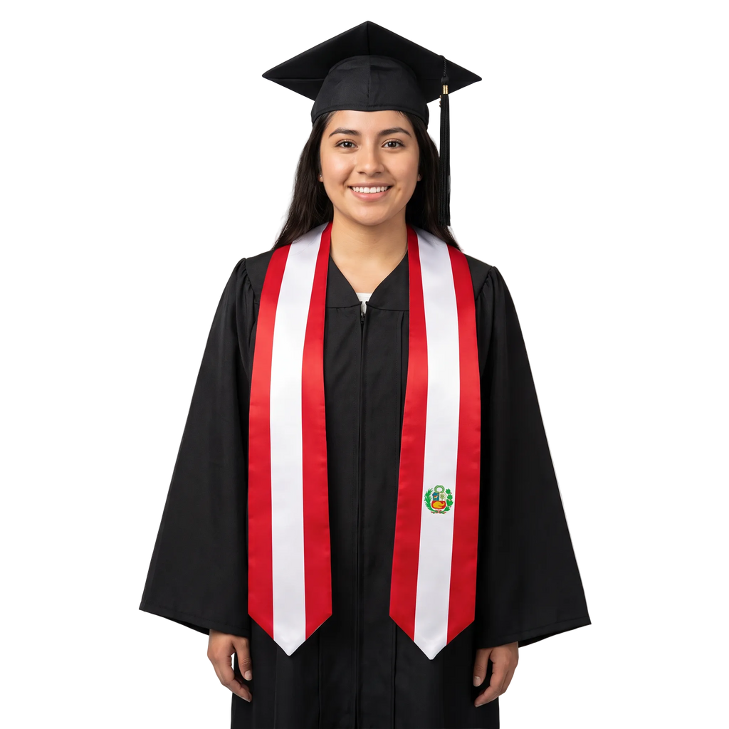 Peru international patch graduation stole featuring a Peruvian flag patch, perfect for graduation ceremonies and cultural celebrations.