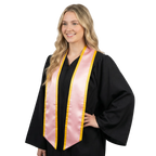 Pink slanted graduation stole with gold trim and angled ends, shown flat against a white background.