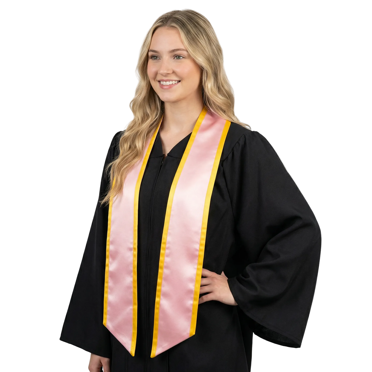 Pink slanted graduation stole with gold trim and angled ends, shown flat against a white background.