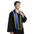 Royal blue slanted graduation stole with gold trim and angled ends, shown flat against a white background.