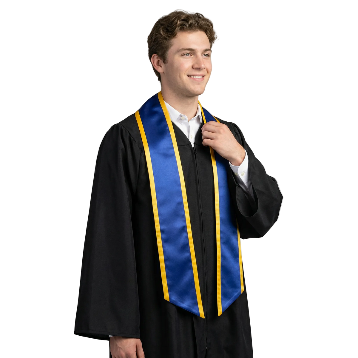 Royal blue slanted graduation stole with gold trim and angled ends, shown flat against a white background.