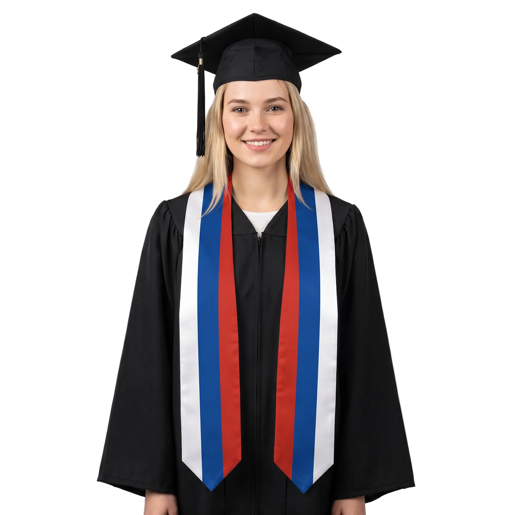 Russia international patch graduation stole featuring a Russian flag patch, perfect for graduation ceremonies and cultural celebrations.