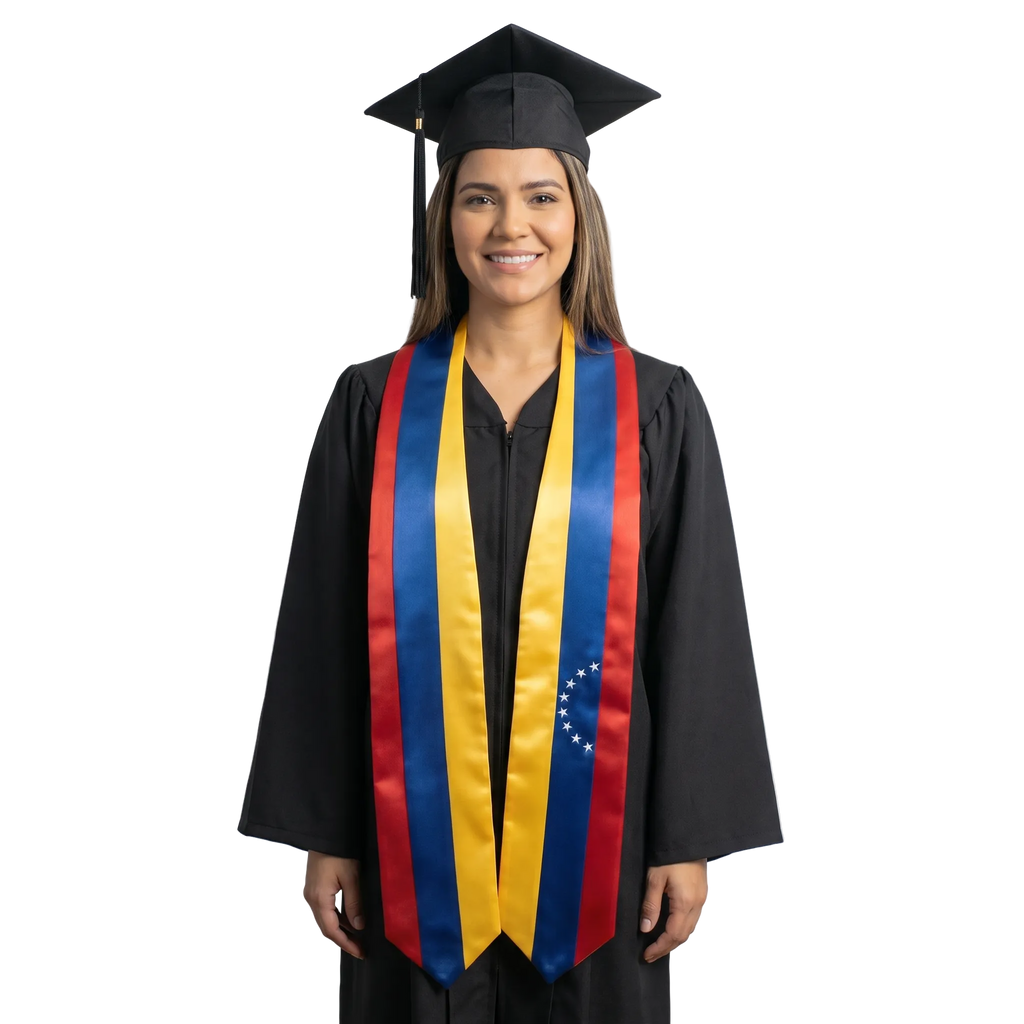 Venezuela international patch graduation stole featuring a Venezuelan flag patch, perfect for graduation ceremonies and cultural celebrations.