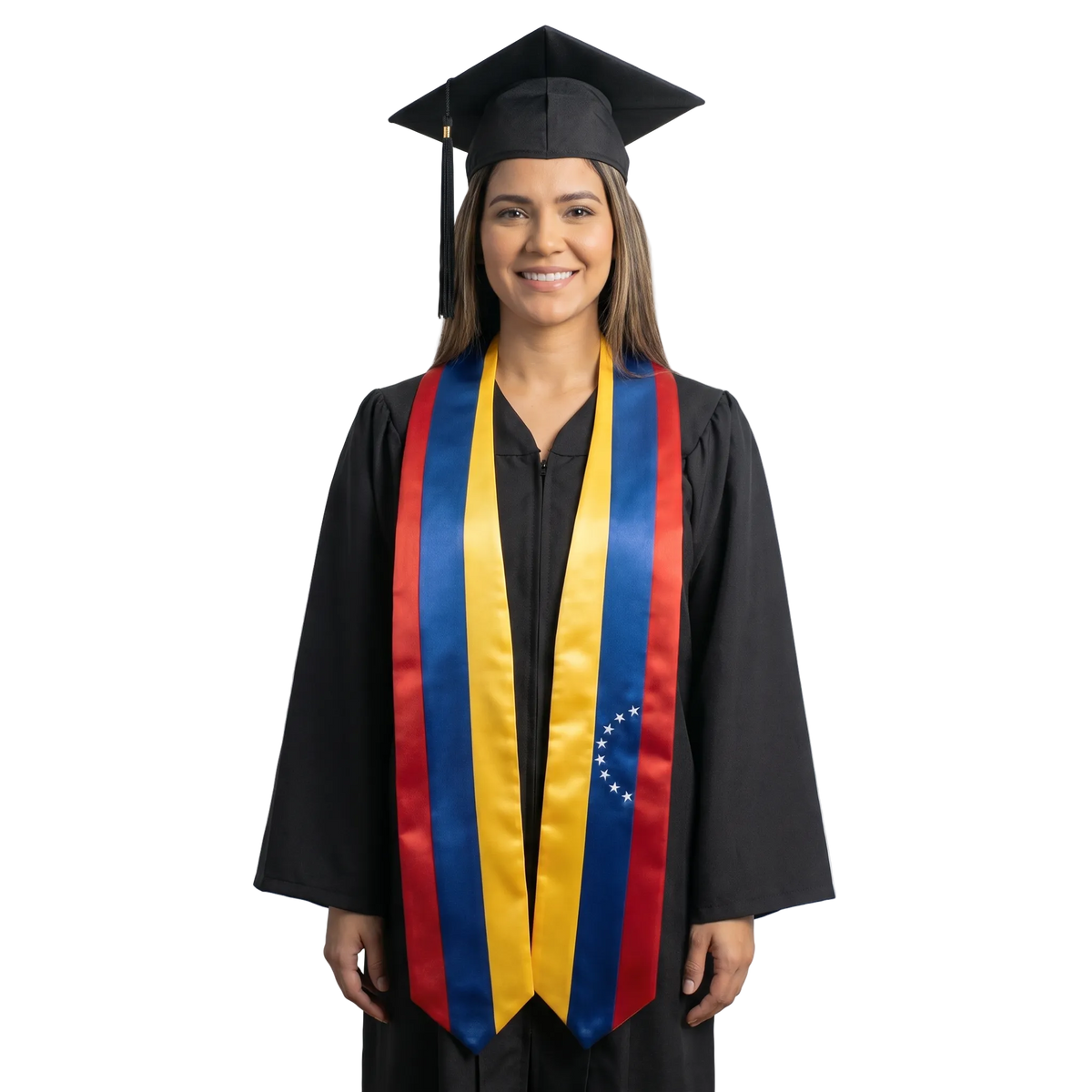 Venezuela international patch graduation stole featuring a Venezuelan flag patch, perfect for graduation ceremonies and cultural celebrations.
