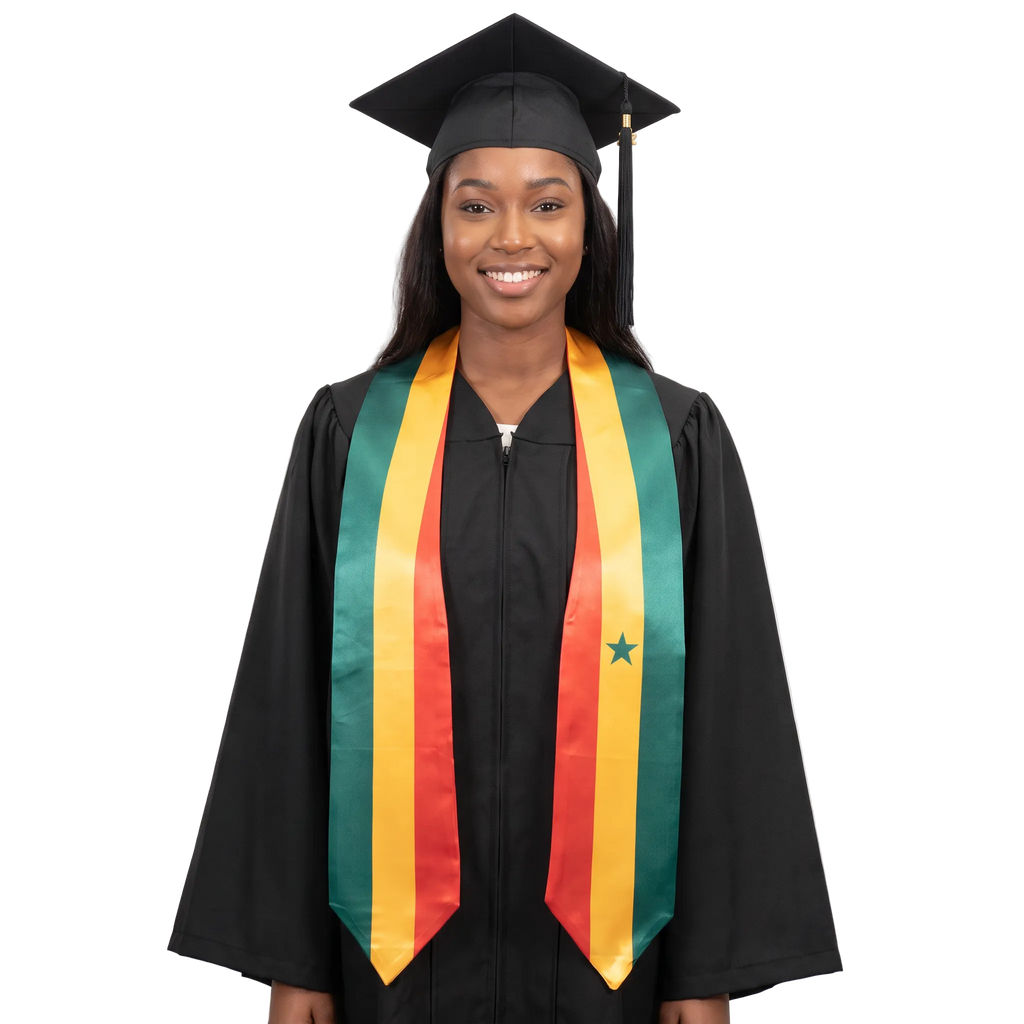 Senegal international patch graduation stole featuring a Senegalese flag patch, perfect for graduation ceremonies and cultural celebrations