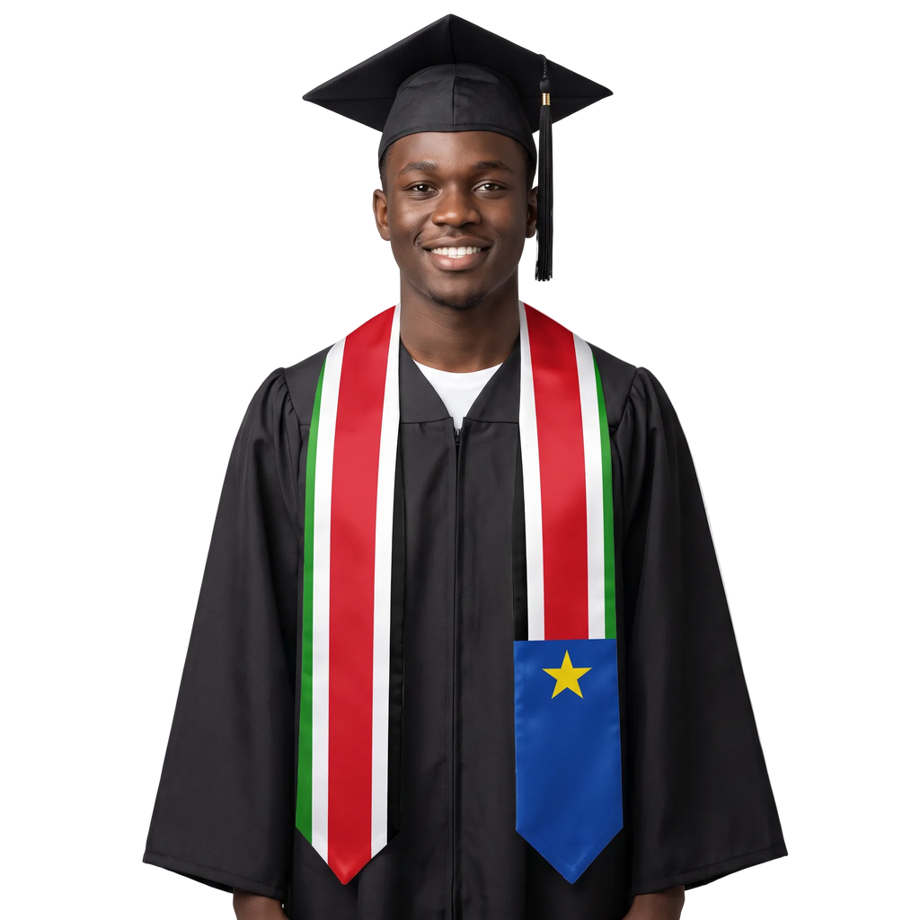 South Sudan international patch graduation stole featuring a South Sudanese flag patch, perfect for graduation ceremonies and cultural celebrations.
