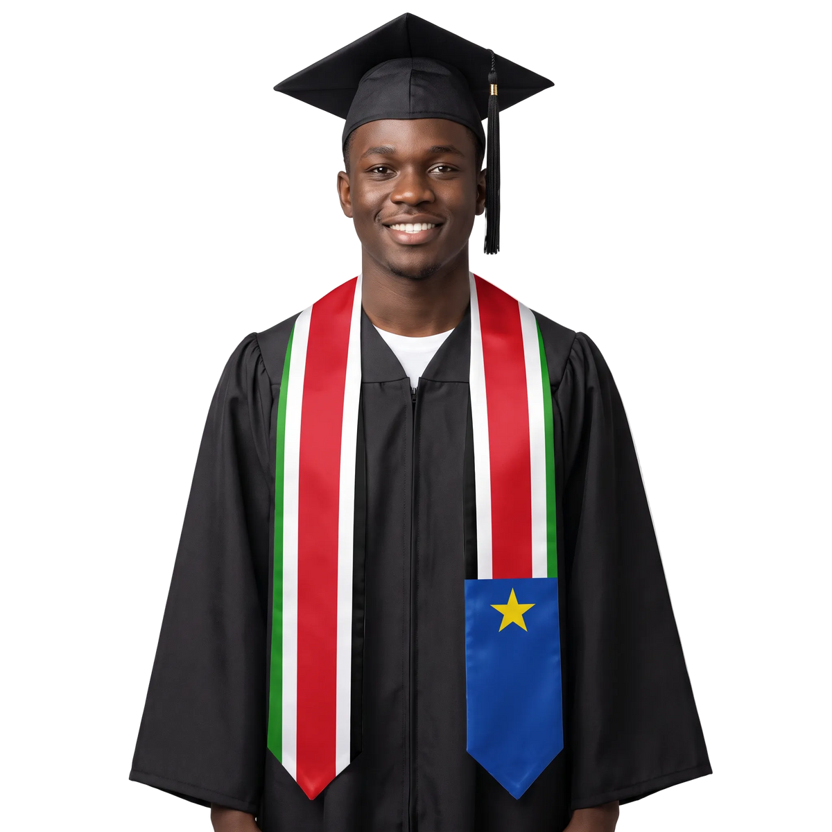 South Sudan international patch graduation stole featuring a South Sudanese flag patch, perfect for graduation ceremonies and cultural celebrations.