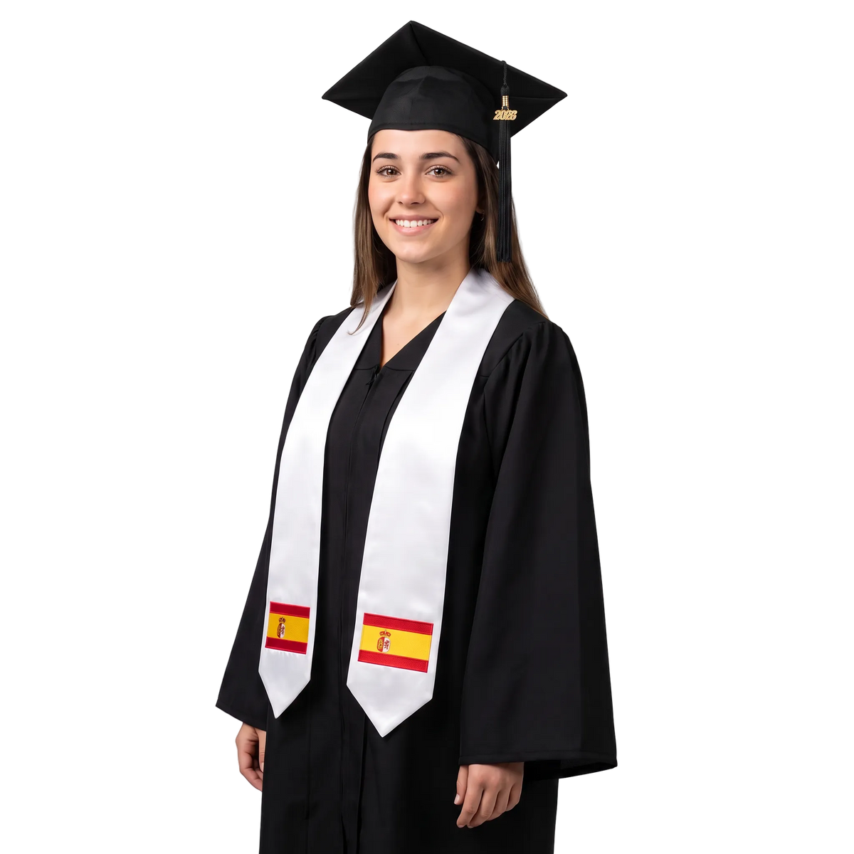 Spain international patch graduation stole featuring a Spanish flag patch, perfect for graduation ceremonies and cultural celebrations.
