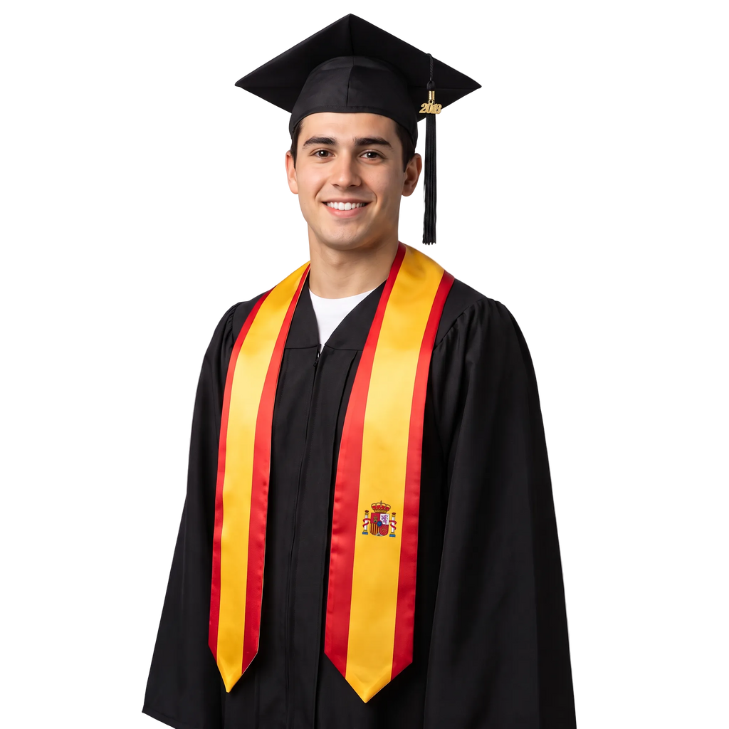 Spain graduation stole featuring a Spanish flag sash, perfect for graduation ceremonies and cultural celebrations.