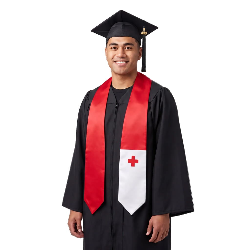 Tonga international patch graduation stole featuring a Tongan flag patch, perfect for graduation ceremonies and cultural celebrations.