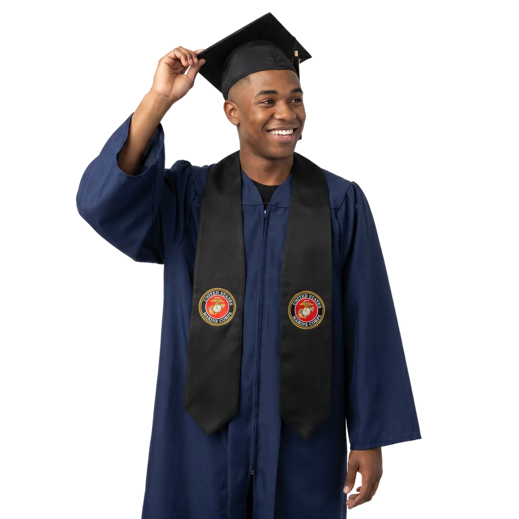 U.S. Marine Corps graduation stole with embroidered patch on black satin for military honor recognition