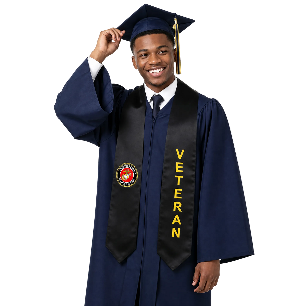 U.S. Marine Corps Veteran graduation stole with printed patch on black satin for military honor recognition